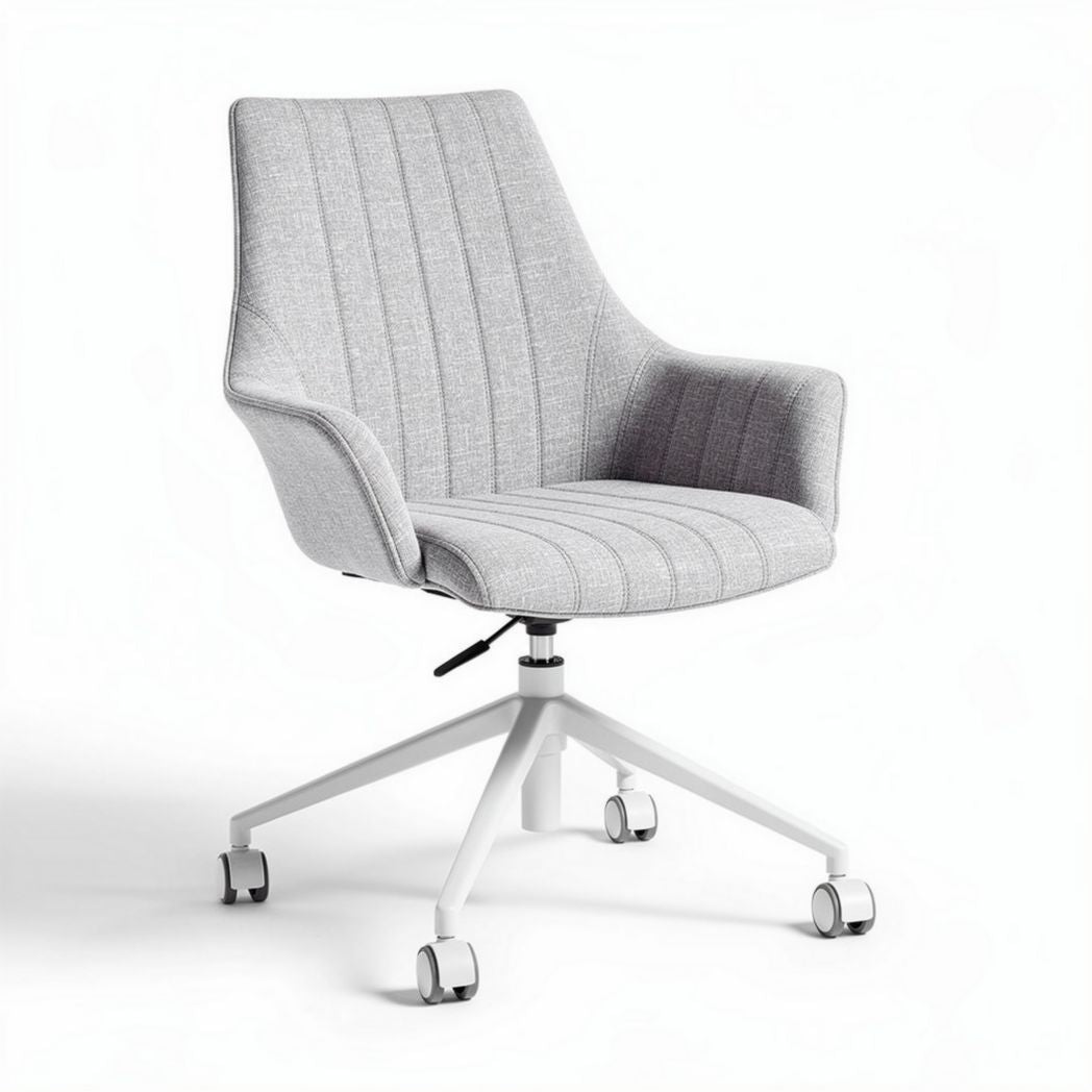 Chaise de bureau pivotante en tissu gris clair avec base blanche 60 x 60 x 85cm