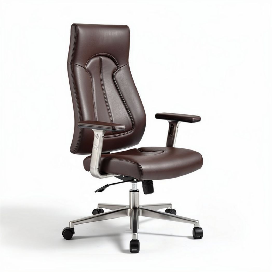 Chaise de bureau en cuir brun avec accoudoirs et dimensions 65 x 65 x 120cm