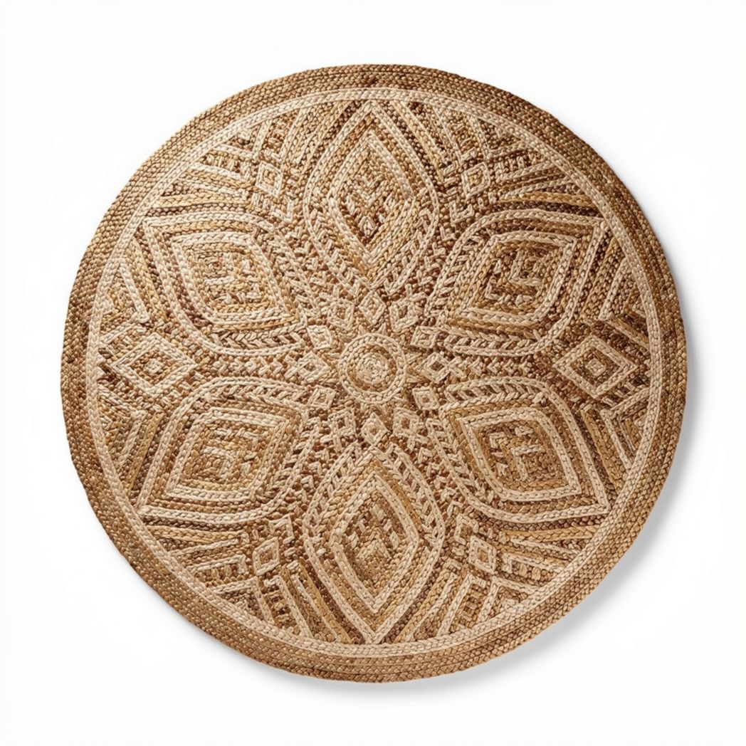 Tapis rond en jute décoratif beige motif géométrique 50 x 50 x 1cm