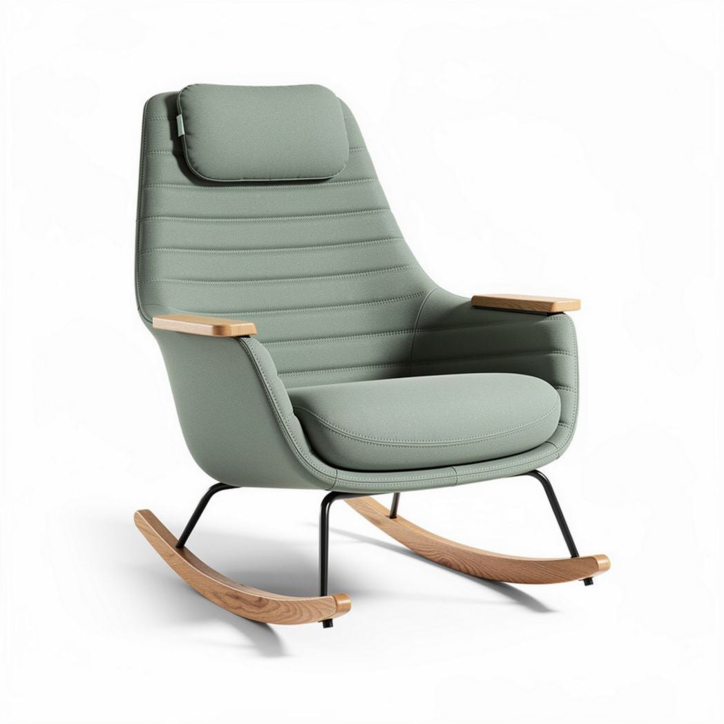 Chaise à bascule en tissu vert avec accoudoirs en bois et dimensions 80 x 75 x 100cm
