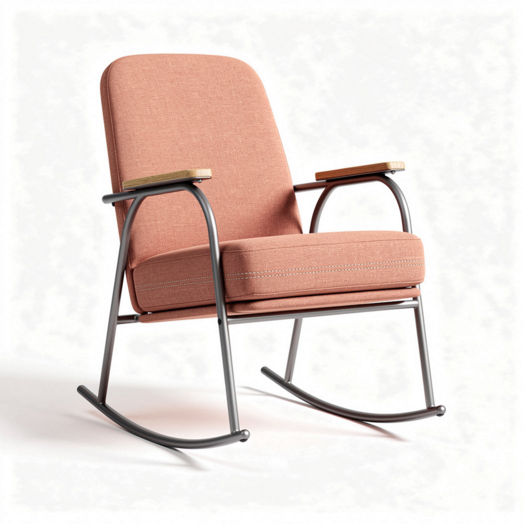 Fauteuil à bascule en tissu rose avec accoudoirs en bois dimensions 70 x 80 x 90cm