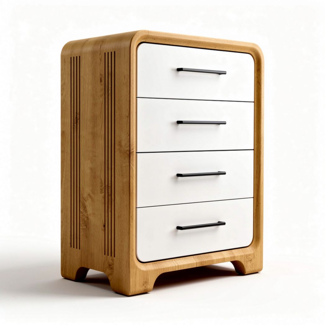Commode en bois de bambou et panneaux blancs avec quatre tiroirs 50 x 40 x 80cm