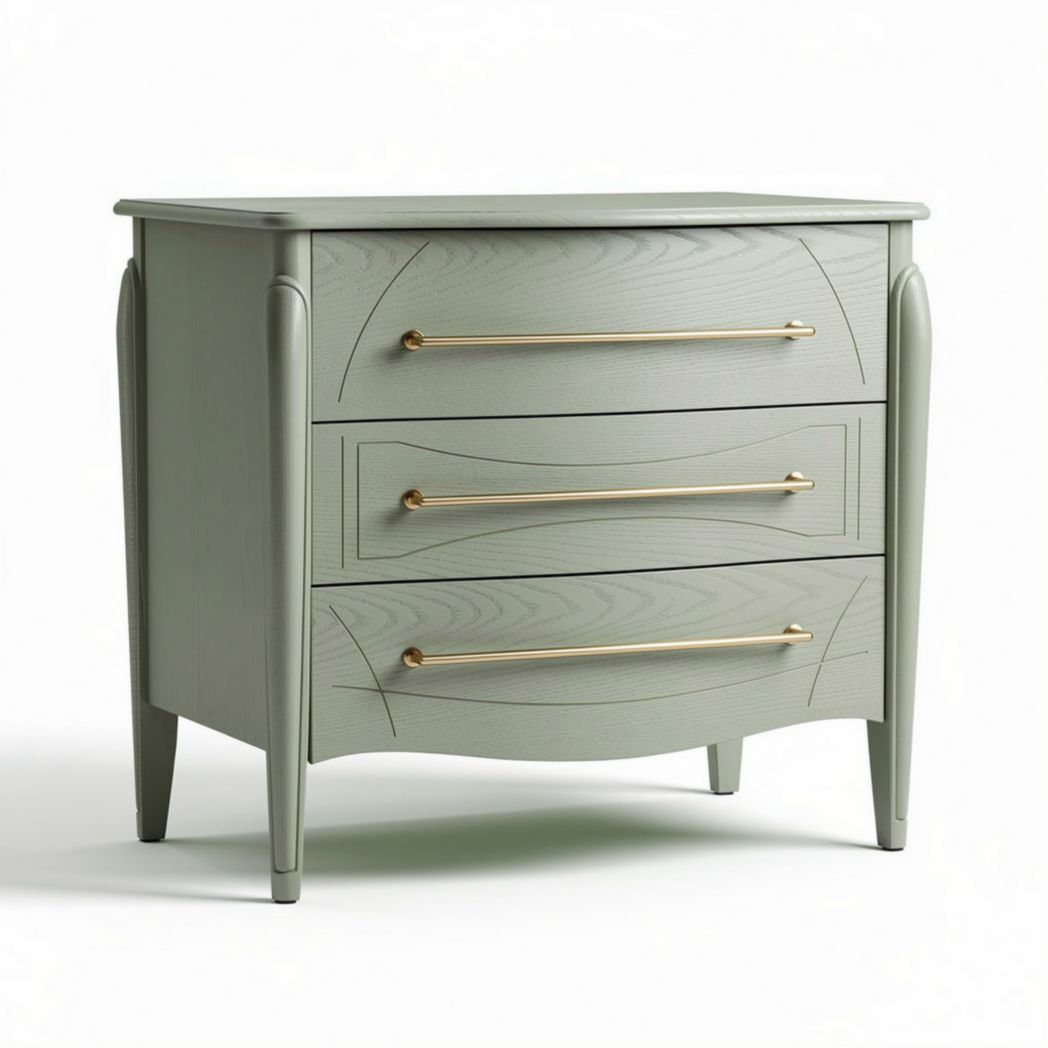 Commode en bois vert avec trois tiroirs et poignées dorées 60 x 40 x 50cm