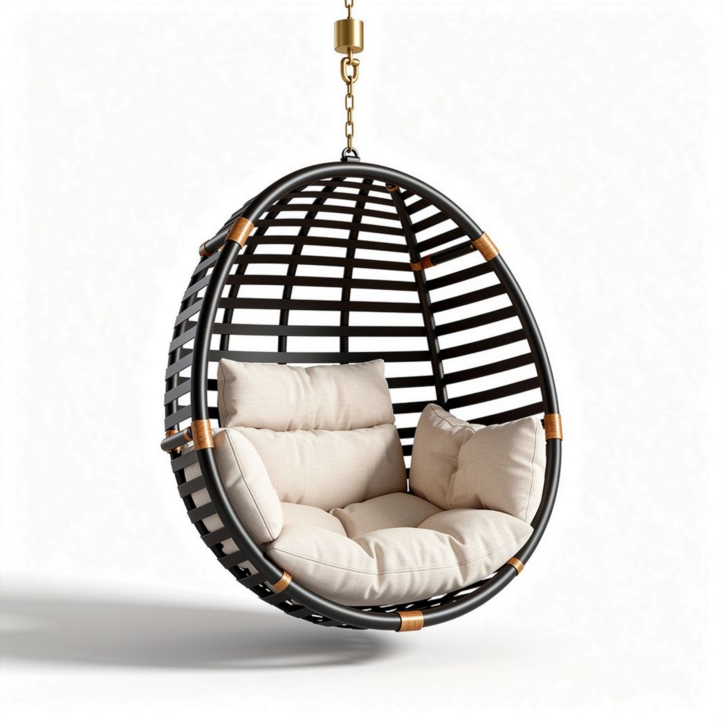 Suspension en rotin tressé avec coussins en tissu beige 85 x 65 x 85cm