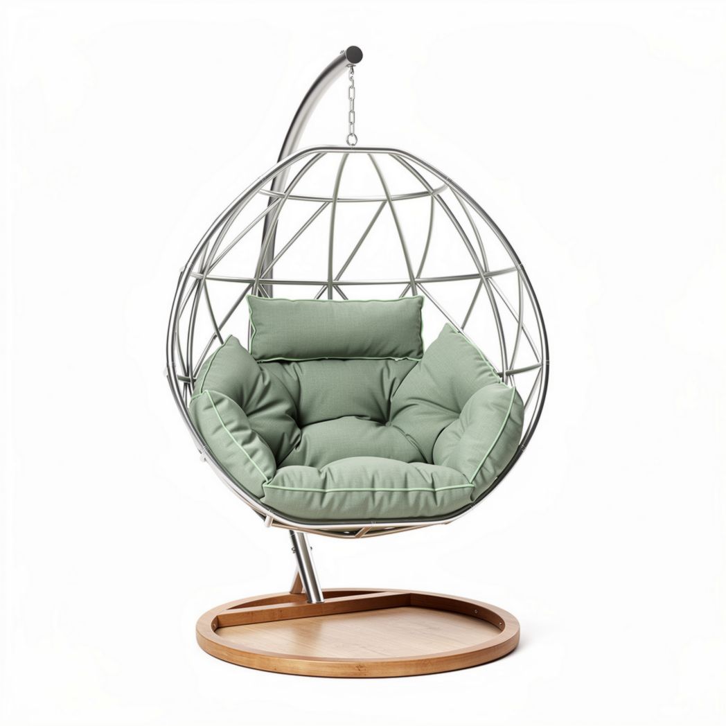 Chaise suspendue en métal avec coussin vert en tissu dimensions 80 x 80 x 120cm