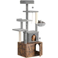 Arbre à Chat 2 en 1+ Enceinte de Litière Cachée - Meuble Chat Multiniveaux, Poteaux à Gratter, Boules Suspendues, Armoire - Marron(Gris et marron)