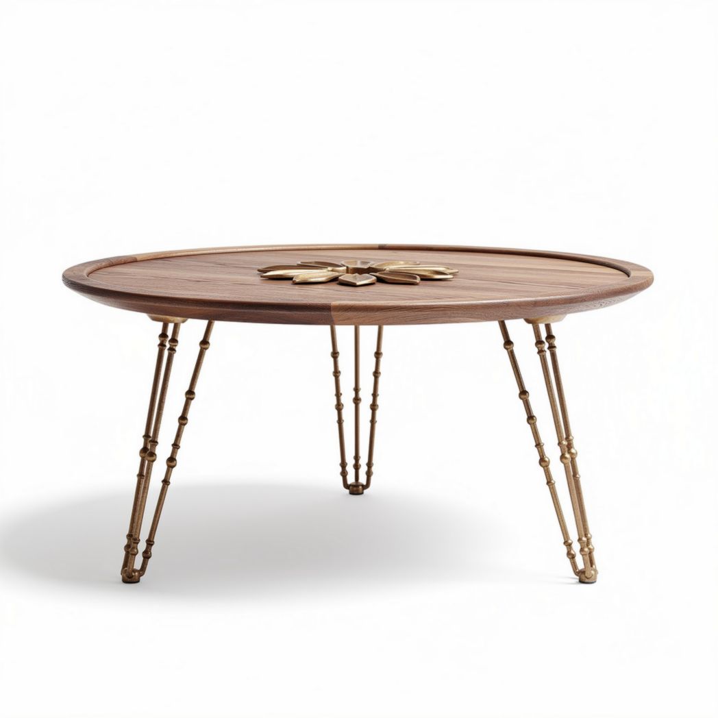 Table basse en bois avec pieds en métal doré et motif floral 80 x 80 x 40cm