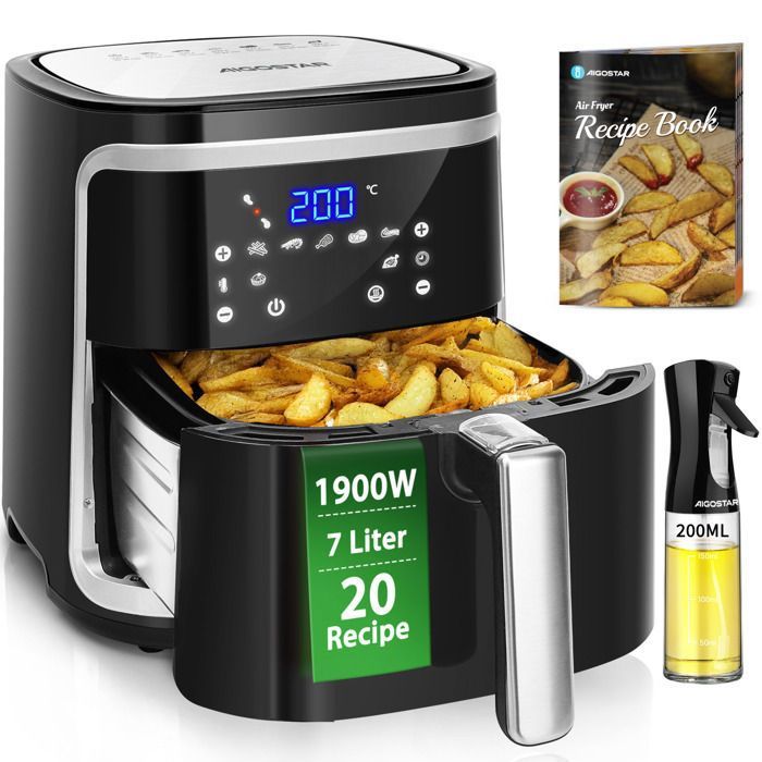 Aigostar Cube-Friteuse  Air sans Huile de 7L, 1900W. 7 Prprogrammes,Mode Manuel et Fonction Maintien au Chaud. Panneau Tactile LED(Noire)
